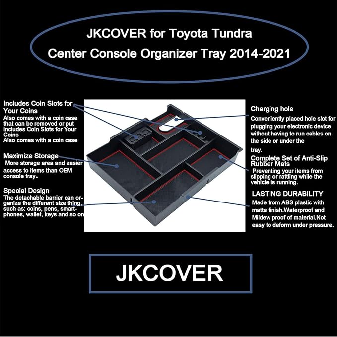 JKCOVER Compatible with Center Console Organizer Tray Toyota Tundra 2014 2015 2016 2017 2018 2019 2020 2021 Tundra Accessories,Insert ABS Black Materials Armrest Box Secondary Storage (RED Trim)