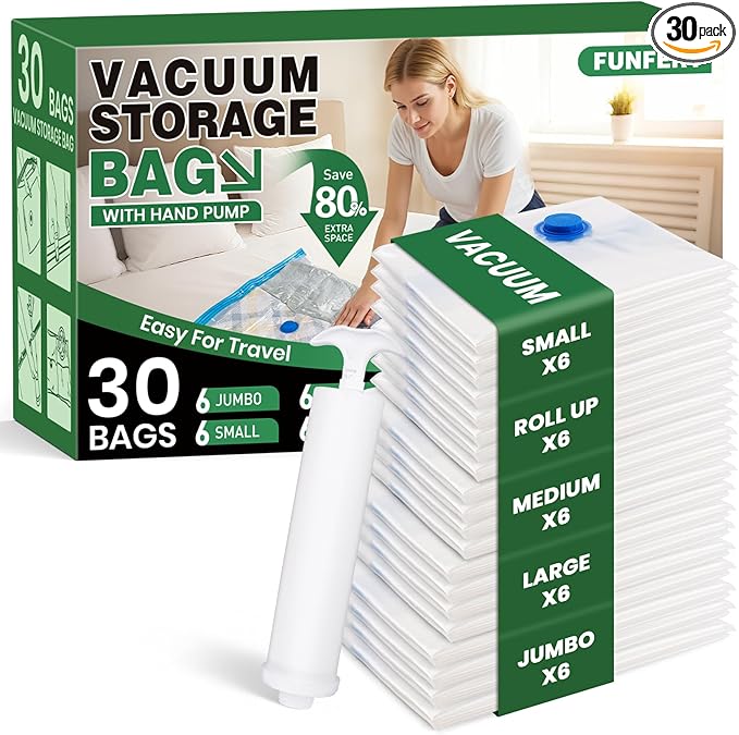 Vacuum Storage Bags,30Pack Vacuum Seal Bags for Clothing,Travel,Clothes,Comforters,Blankets,Pillows-6 Jumbo+6 Large+6 Medium+