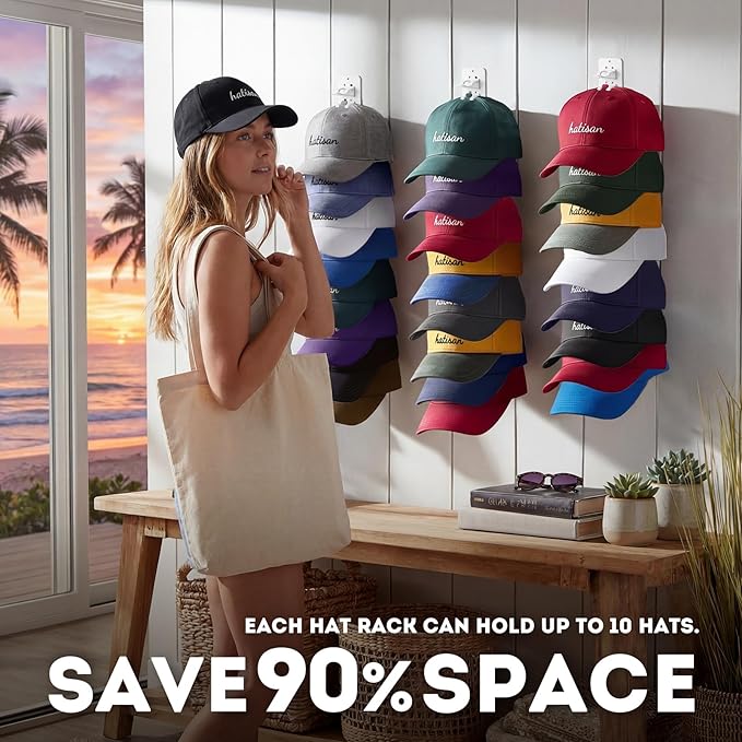 2 Pack Hat Organizer for Baseball Caps, Detachable DIY Hat Rack for Wall Hat Holder Hold up to 22 Hats, Baseball Cap Organize