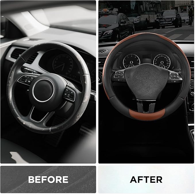 Road Comforts Steering Wheel Cover, Breathable Anti-Slip Leather Steering Wheel Cover, Universal Fit 14.5–15 Inch, Comfortabl