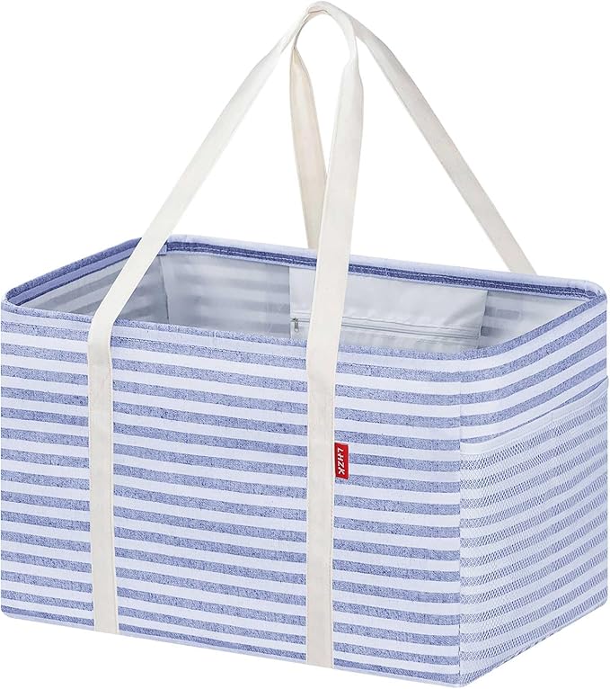LHZK Standing Utility Tote Bag with Metal Wire Frame and the Sides Rinforced, Large Tote Bag with Handle, Reusable Grocery