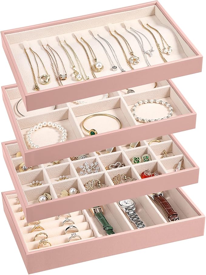LANDICI Stackable Jewelry Organizer Trays 4 Set,PU Leather Jewelry Organizer Drawer,Jewelry Storage Display Tray for Earring 