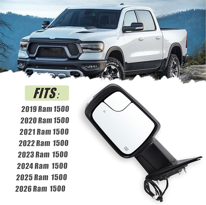 Left Driver Side Mirror Fits 2019-2026 Ram 1500 With Power Folding Heated Turn Signal Puddle Light Blind Spot Temperature Sensor Matte Black Replace#68462771AB(9+6Pins)