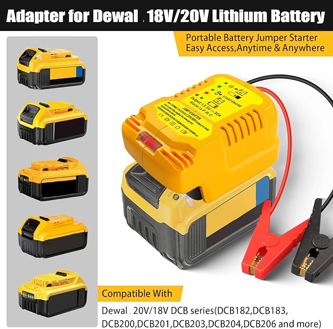 Jump Starter Adapter for DeWalt 20V/60V Li-ion Battery Powered with Jumper Cable Clamps Portable Car Battery Charger Jump Starter(Battery Not Included)