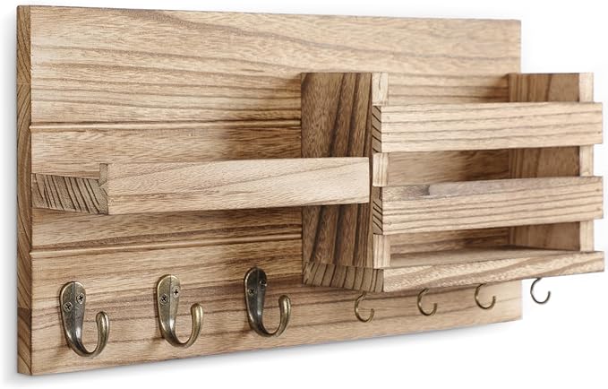 Lwenki Mail Organizer for Wall Mount – Key Holder with Shelf Includes Letter Holder and Hooks for Coats, Dog Leashes – Rustic