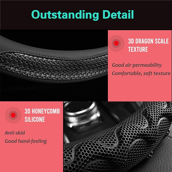 PINCTROT Large Size Steering Wheel Cover Great Grip with 3D Honeycomb Anti-Slip Design, 15.5-15.75 Inch (All Black)