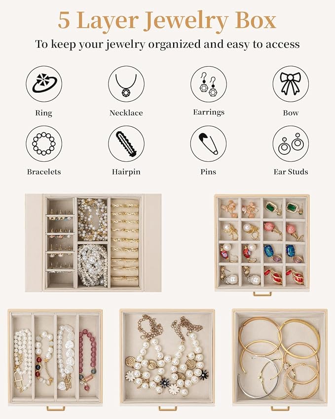 TORIBIO Jewelry Box for Women, Leather Jewelry Organizer with Mirror & Lock, 5-Tier Jewelry Storage Organizer with 4 Drawers 