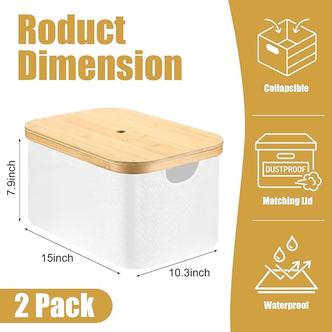 Novabright 2 Pcs Collapsible Storage Basket with Bamboo Lids 15" x 10" Foldable Fabric Storage Bins with Handles for Organizi