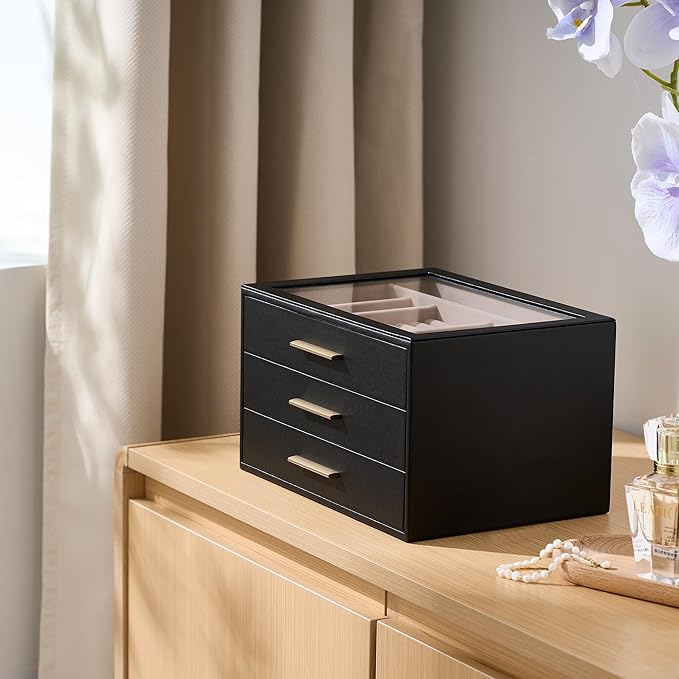 pickpiff Jewelry Box Organizer Case for Women: 3-Layer Jewelry Storage Case with Glass Window, Black Leather with Blush Velve