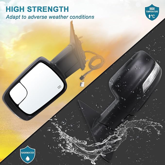 Left Driver Side Mirror Compatible With 2019-2026 Ram 1500 With Manual Folding Heated Turn Signal Puddle Light Temperature Sensor Matte Black Replace#5ZK43KARAH(8+2Pins)