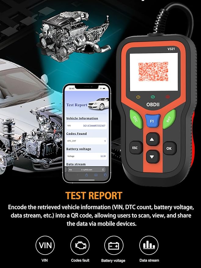 OBD2 Scanner - Car Code Reader Diagnostic Tool for Check Engine Light, Fault Code Reader & Reset, Real-Time Data, Voltage Test,