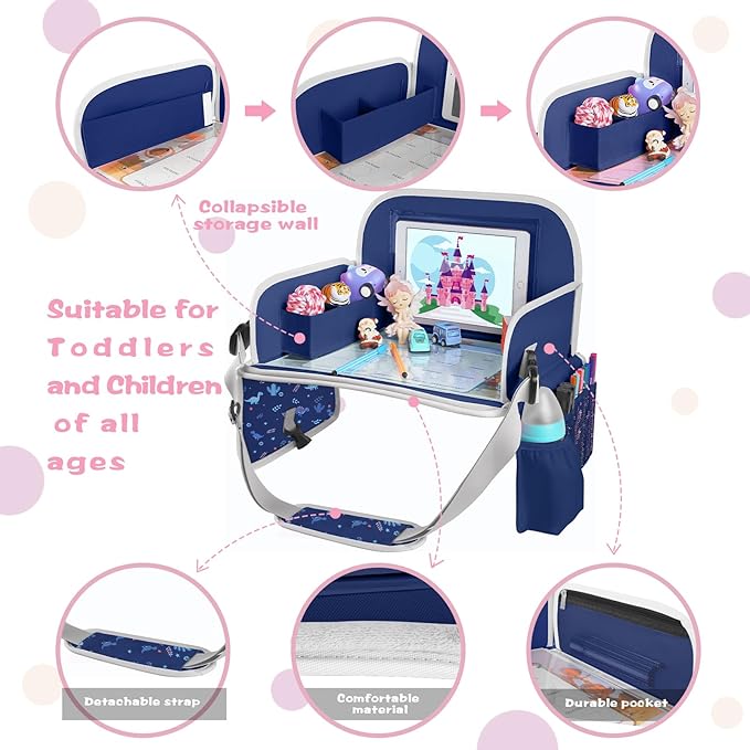 MENZOKE Kids Travel Tray for Toddler Car Seat, Toddler Gift for Boy Activities with Dry Erase Board & iPad Holder Stand, Road