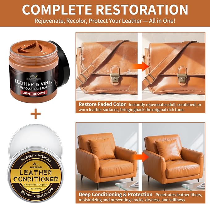Leather Recoloring Balm with 100ml Mink Oil, Light Brown Leather Repair Kit and Scratch Remover for Furniture, Car Seats, Sof