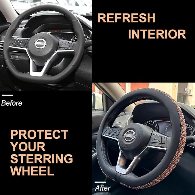 PINCTROT D Shaped Chenille Leather Steering Wheel Cover, Soft Mottled Colors, Sweat-Proof, Non-Slip Grip, All-Season Comfort,