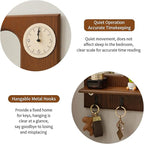 Vintage Wooden Wall Mirror with Clock & Key Holder Wall Mount - Space-Saving Hooks Design for Bedroom Entryway Decor