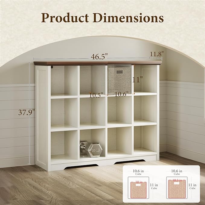 OffiGo 12 Cube Organizer Bookcase, Modern Farmhouse Open Shelf for Storage Bins & Decor, Display Bookshelf Console Closet for