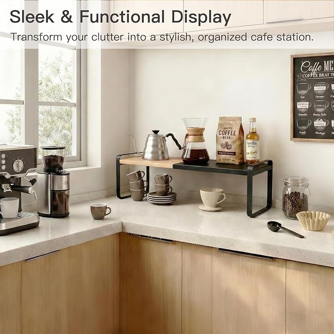 Expandable Kitchen Counter Shelf Organizer, Black Coffee Bar Accessories & Station Decor, Industrial Cabinet Riser with [Secu
