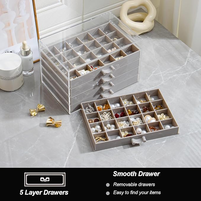 YUFONG Earring Storage Box Organizer, Acrylic Jewelry Storage Box Holder 5 Drawers Transparent Jewelry Display Stand with 120