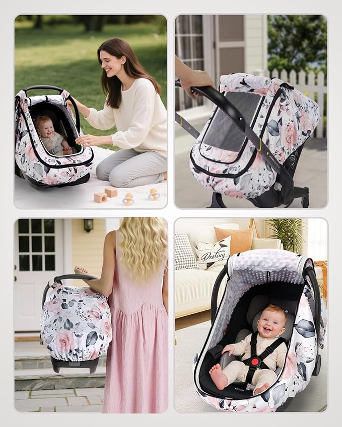 Car Seat Cover Baby Girls, Infant Car Seat Canopy Outdoor, 2 Layers with Mesh and Sun Shade Window for Summer Winter, Easy Ac