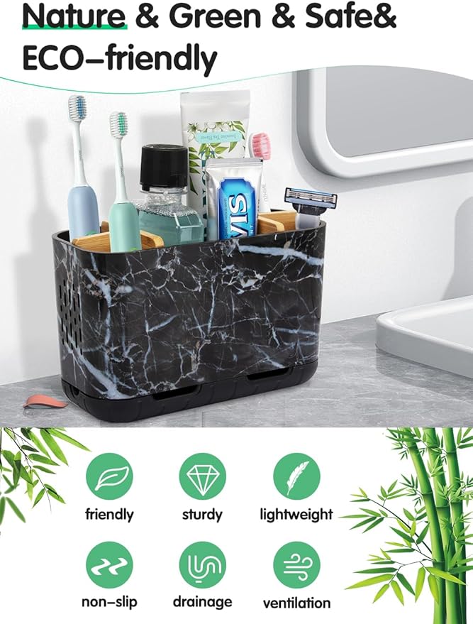 GFWARE Marble Toothbrush Holders, 5 Slots Bamboo Toothbrush and Toothpaste Holder for Bathroom Counter with Drainage, Kids El
