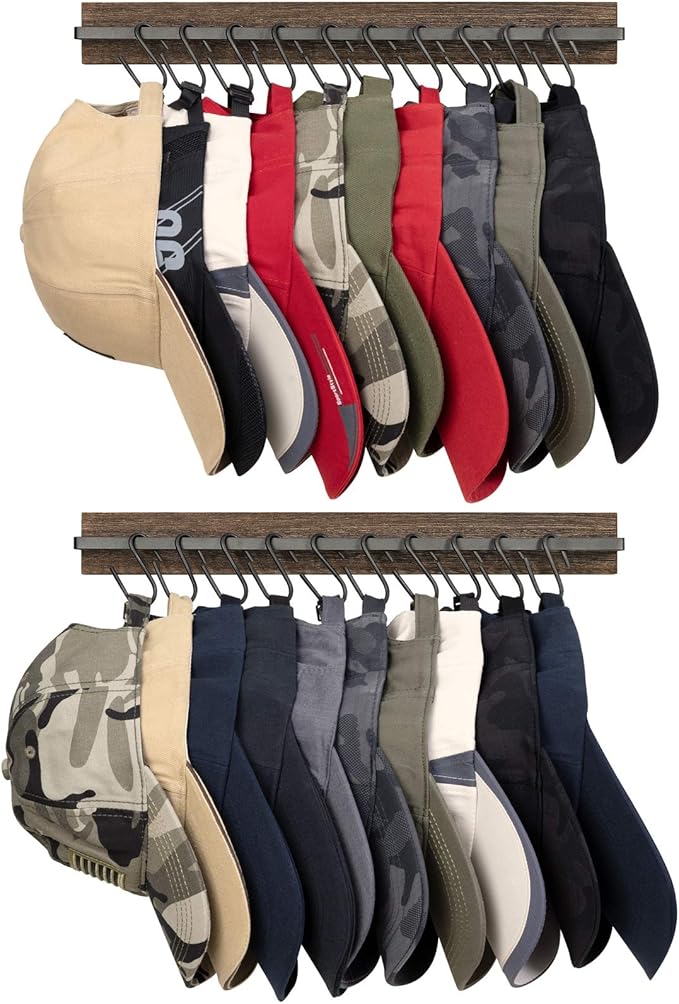 Mkono Hat Rack for Wall Wooden Baseball Caps Organizer with 20 Hooks Rustic Cowboy Hanger Mounted Hats Display Closet Bedroom