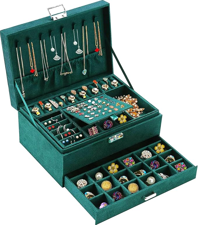 QBestry Jewelry Box for Women with Drawer, 3-Layer Large Jewelry Organizer with Lock & Key, 8 Necklace Hooks & 56 Earring Hol