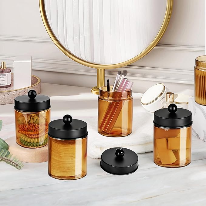 Amolliar Bronze Glass Apothecary Jar, Qtip Holder Metal Lid & Stickers, Bathroom Qtip Dispenser Storage Canister, Perfect for