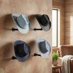 Cowboy Hat Rack -2 Pack Black Metal Pipe & Brown Wood Wall-Mounted Hat & Wig Holder, Hanging Motorcycle Helmet Holder Rack, R