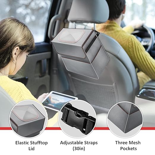Simple Deluxe Car Trash Can, Multipurpose Bin with Lid and Storage Pockets, Collapsible Adjustable Straps and Portable Organizer, 2 Gallon, Grey