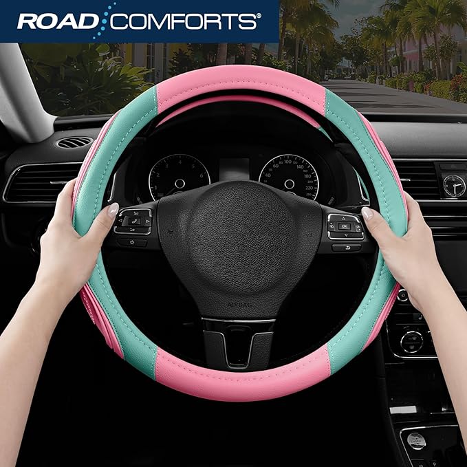 Road Comforts Car Steering Wheel Cover - Microfiber Leather Steering Wheel Wrap Sports 14.5-15 Inch Steering Wheel Cover Non-