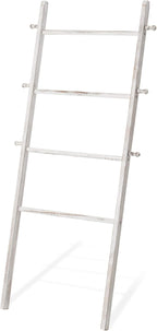 MyGift 63 Inch Wooden Blanket Ladder, White Quilt Towel Holder Rack, Wall Leaning 4 Rungs and 6 Pegged Hooks Farmhouse Decora