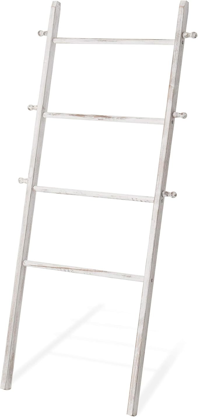 MyGift 63 Inch Wooden Blanket Ladder, White Quilt Towel Holder Rack, Wall Leaning 4 Rungs and 6 Pegged Hooks Farmhouse Decora