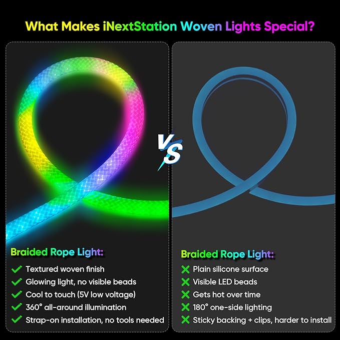 iNextStation 360° Glow USB Rope Lights 16.4FT RGB LED Lights, Braided Silicone Led Strip Lights, IP67 Waterproof, APP/Remote Control, Music Sync, Neon Lights Strip Color Changing for Outdoor/Indoor