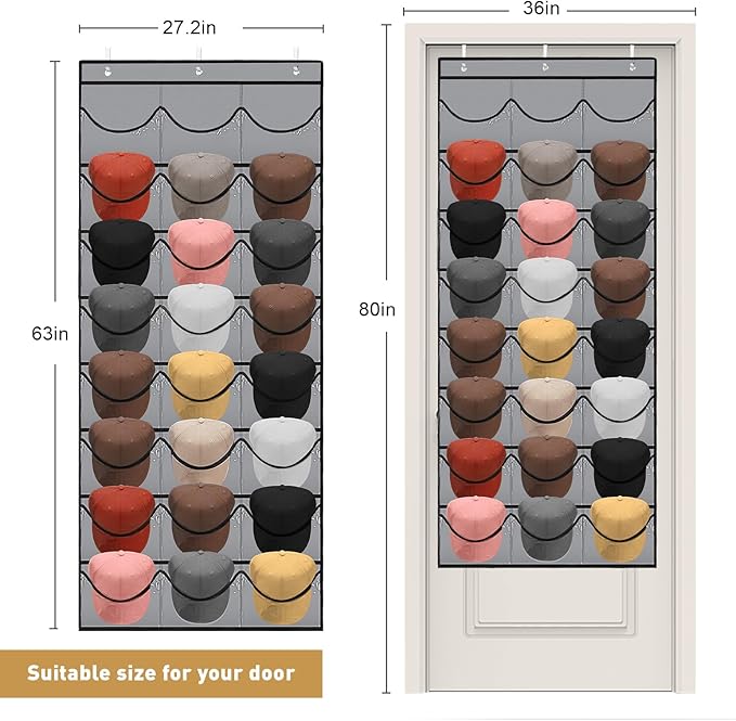 BiCINE Hat Rack for Baseball Caps, 24 Pocket Over The Door Hat Organizer Storage, Hat Holder for Door with 3 Hooks, Grey - 1 
