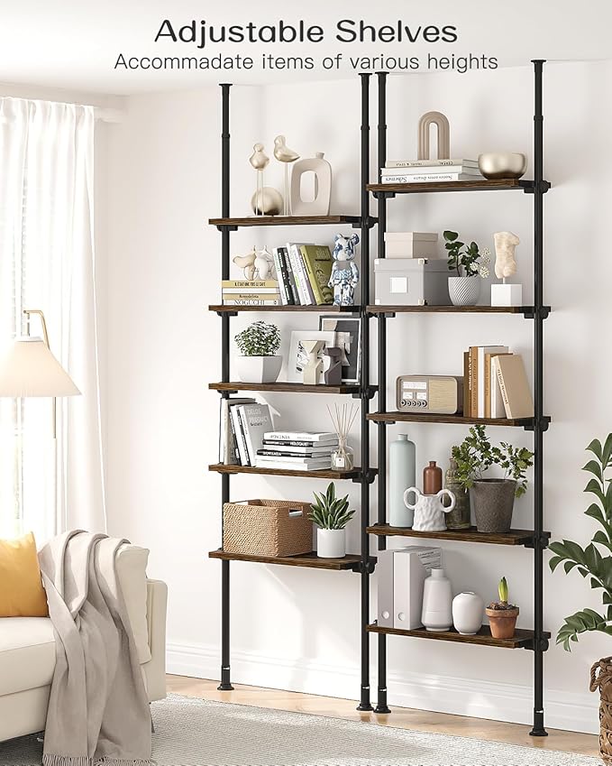 ALLZONE 5 Tiers Narrow Bookshelf, Tall Adjustable Ladder Book Shelf with Open Storage, Floor to Ceiling Tension Mount, Wooden