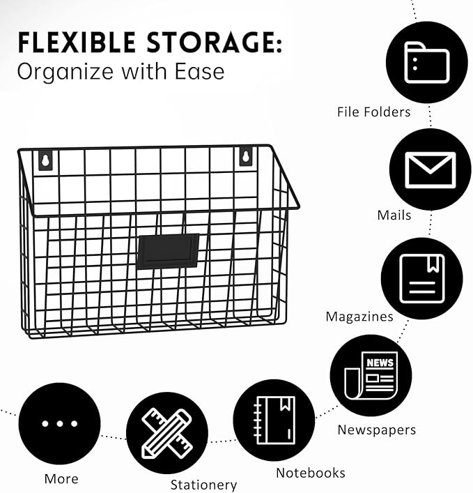 X-cosrack 4-Tier Hanging Wall File Holder Vertical Wall Mount Metal Wall File Organizer with Tag Slot Document Magazine Rack 
