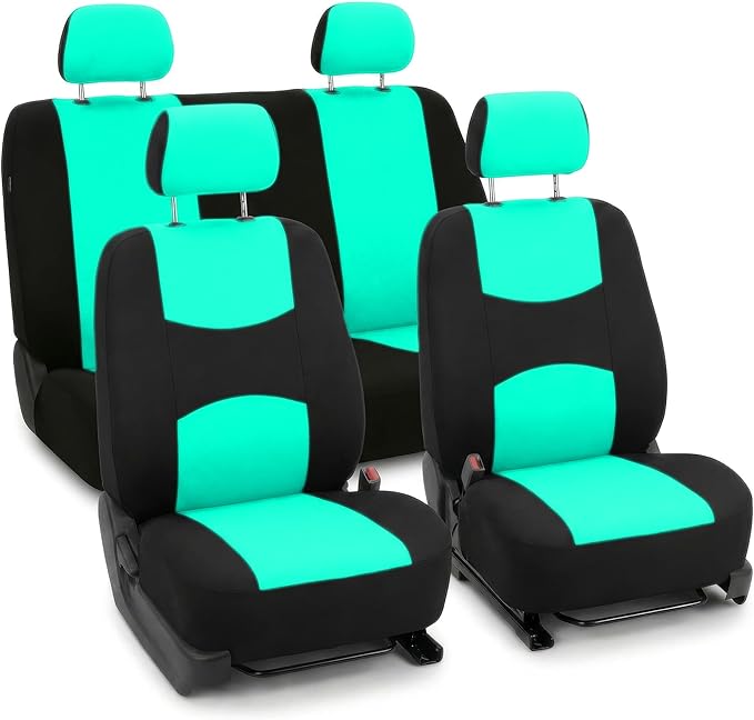 FH Group Bright Flat Cloth Full Set Automotive Seat Covers Front Set and Rear Solid Bench Mint Black Seat Covers w. Gift Univ