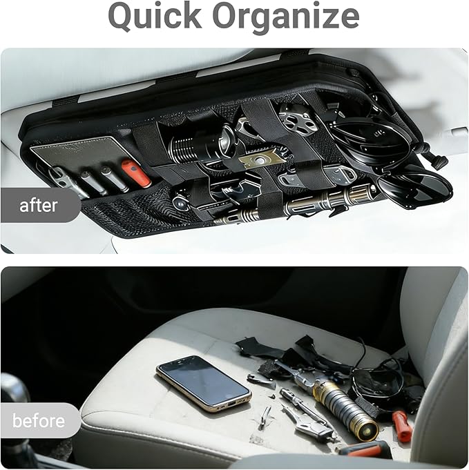 Car Sun Visor Organizer, Adjustable Straps Tactical Visor Organizers with 1000D Polyester Zipper Visor Storage Pouch & Sunglasses Holder Clip, Fits Most Vehicles, SUVs, Pockets, Trucks (Black)