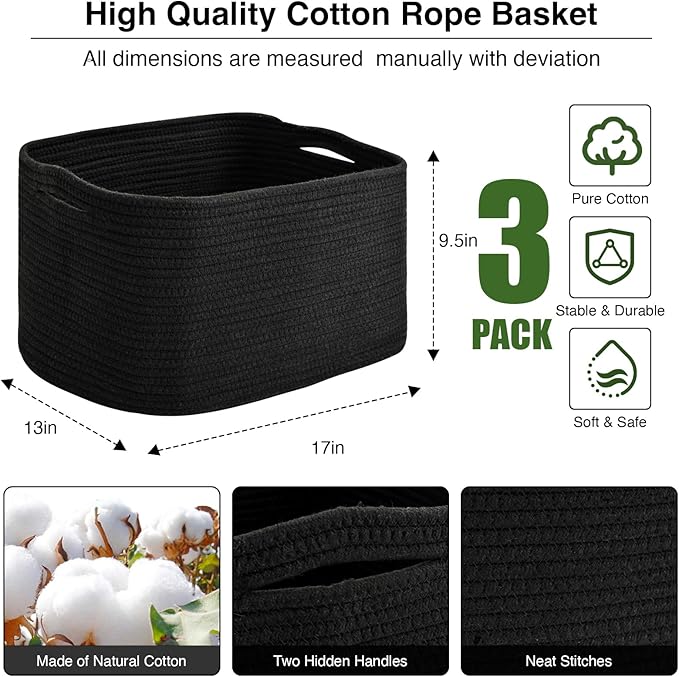ICERZCZ Large Storage Baskets for Organizing Shelves, Woven Cotton Rope Bins for Baby Nursery Organization, Book Toy Towel Or