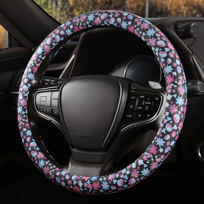 Floral Print Steering Wheel Cover with Silicone Inner Ring, Non-Toxic, Odorless Silicone Leather with Non-Fading Pattern for 