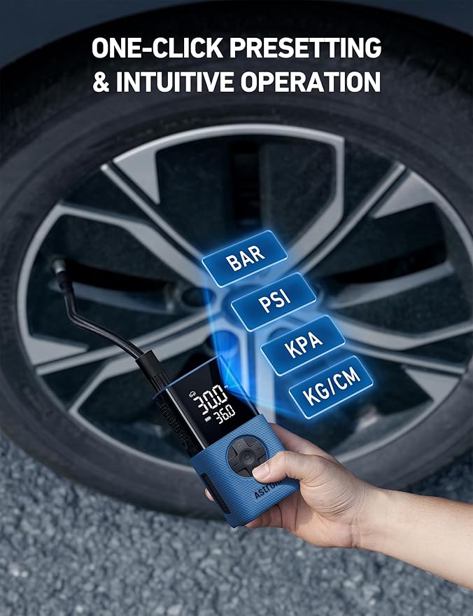 AstroAI Tire Inflator L7S Portable Air Compressor Cordless Bike Pump with Digital Dual Values Display, 150 PSI Car Tires Pump with LED Lights Air Pump for Cars, Motorcycles, Bikes, Balls Blue