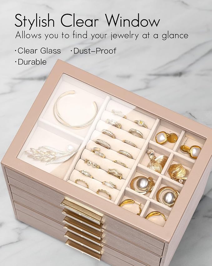 VLANDO 6 Layer Jewelry Box for Women, Glass Lid Jewelry Organizer with 6 Drawers for Necklaces Rings Earrings Bracelets - Tof