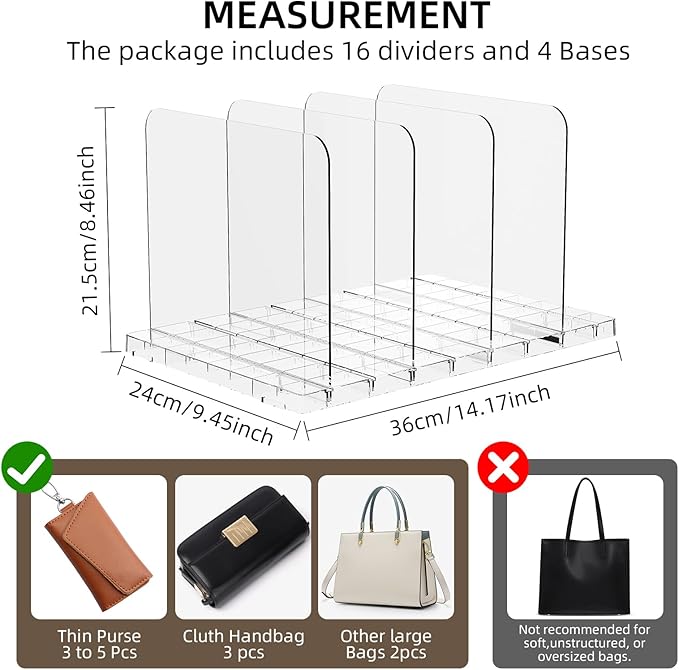 Stackable Bag & Purse Organizer for Closet Shelf Acrylic Shelf Dividers for Closet Organization, Clear Handbag Purse Storage 