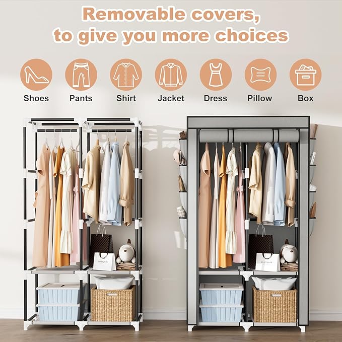 Portable Closet for Hanging Clothes, Portable Wardrobe Closet with Cover, 4 Storage Shelves, 2 Hanging Rods and 8 Side Pocket