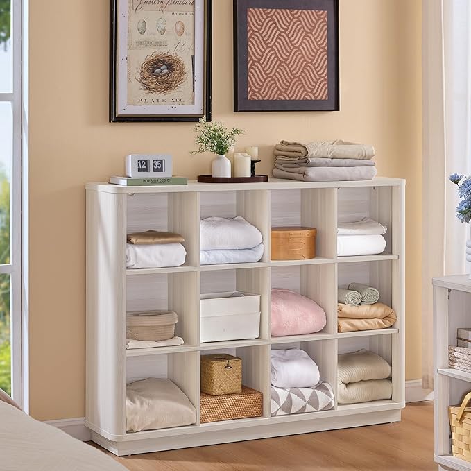 Joaxswe 12 Cube Storage Organizer, 41" Large Bookshelf with Curved Edge, Wood Floor Standing 3-Tier Cubby Bookcase w/Base, Mo