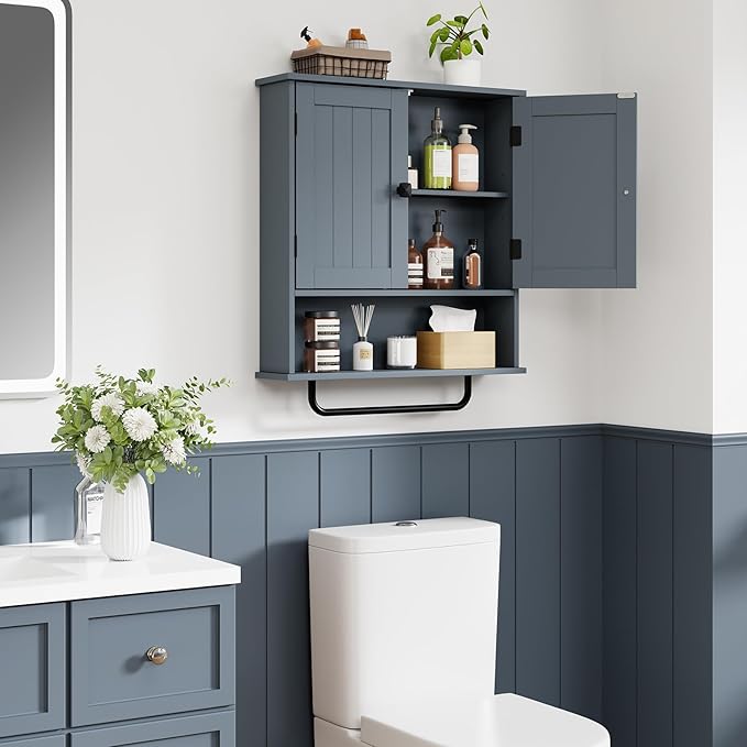 RRX Bathroom Cabinet Wall Mounted Medicine Cabinets with Towels Bar, Over The Toilet Storage Cabinet with 2 Doors and Adjusta