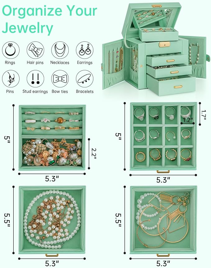 AKOZLIN 4-Tier Jewelry Box Leather Jewelry Storage Organizer with 3 Drawers Lockable for Women Girls Ring Necklace Earring Br