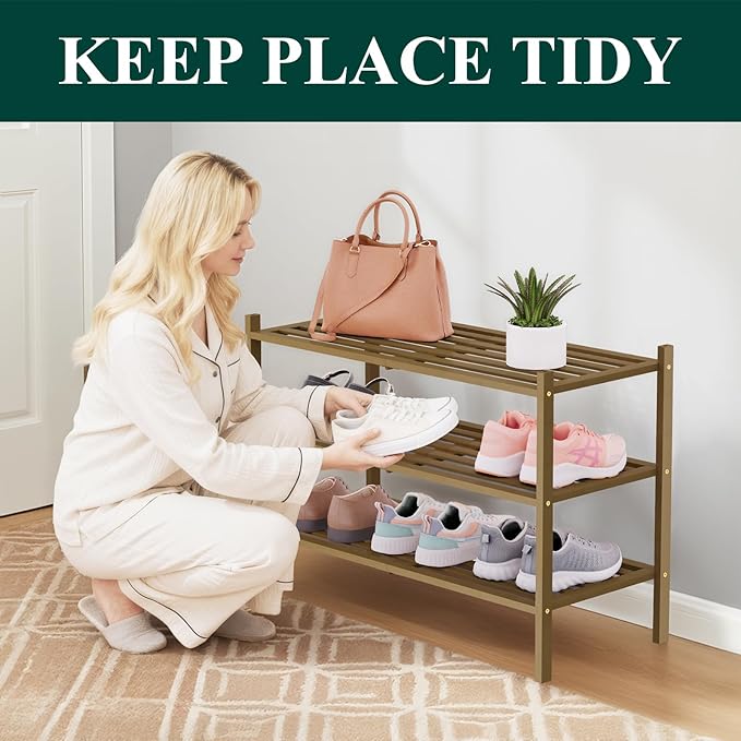 Smiry Bamboo Shoe Rack 3-Tier, Stackable Wooden Shoe Organizer for Entryway & Closet, Free Standing Wood Shoe Storage Shelf f
