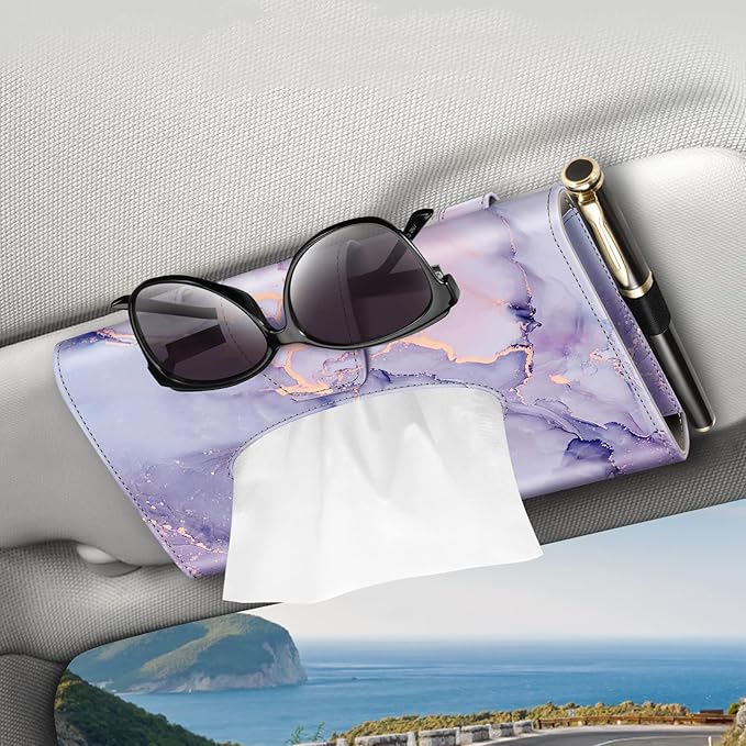 CaseBot Car Visor Tissue Holder, Sun Visor Napkin Holder, Mask Holder for Car, PU Leather Backseat Tissue Box for Car Truck SUV, Lilac Marble