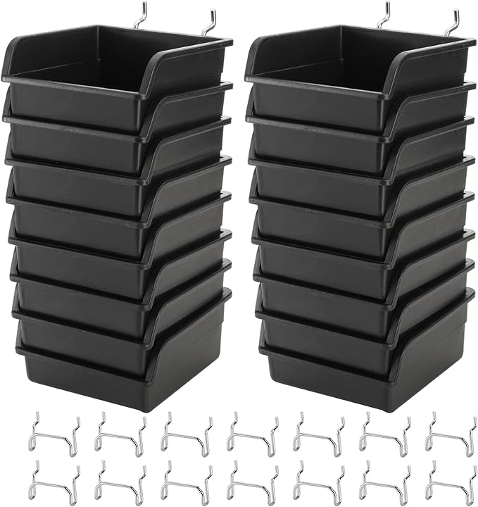 Foraineam 16 Pack Pegboard Bins with Metal Hooks, Black Garage Workbench Bins Cups Peg Board Accessories Kit, Pegboard Tools 